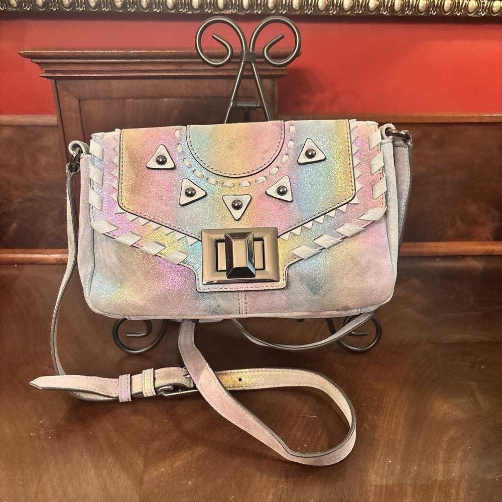Aimee Kestenberg Rainbow Metallic Leather Crossbody Bag Whipstitch Studded